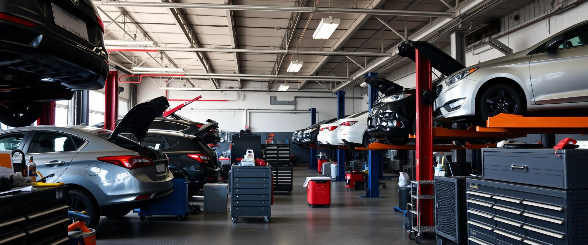 Busy independent auto repair shop interior with cars on lifts